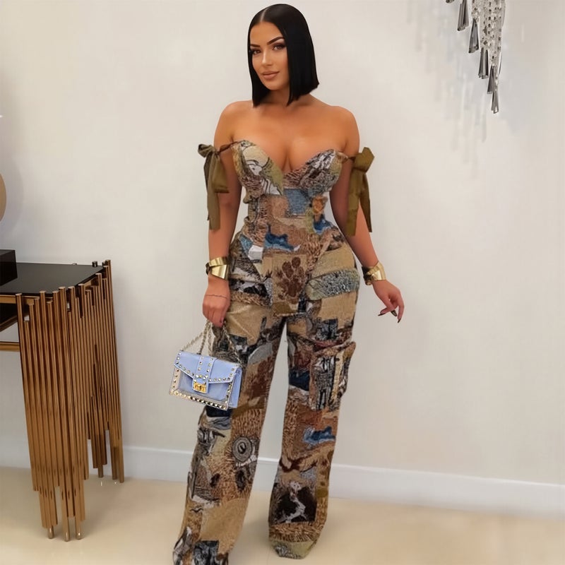 K3296 Printed Oil Painting Pattern Strap Drawstring Multi-Flap Pocket Pants Pants Set - Image 5